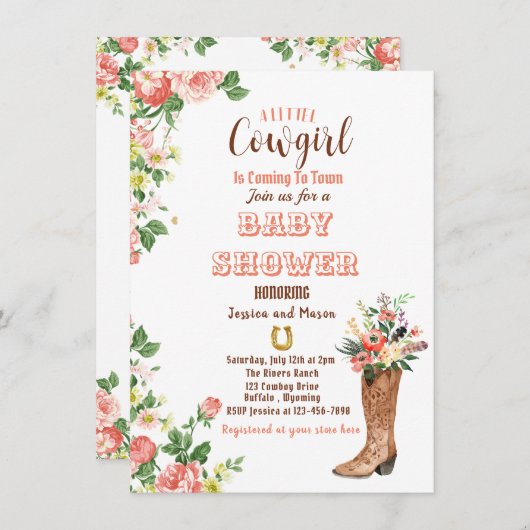こんにちは、ブーツ女性のカーボーイベビーシャワー招待状 サンキューカード (正面/裏面)