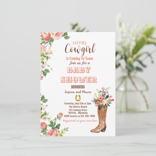 こんにちは、ブーツ女性のカーボーイベビーシャワー招待状 サンキューカード (スタンド正面)