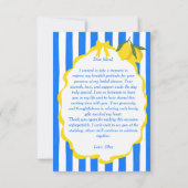 こんにちは ベラ ブルーストライプ レモン ウェディングシャワーのお祝い サンキューカード (裏面)