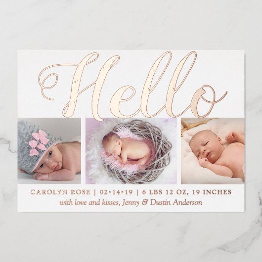 「こんにちは」ホイ実在ル3写真の誕生のお知らせ 箔招待状 (正面)