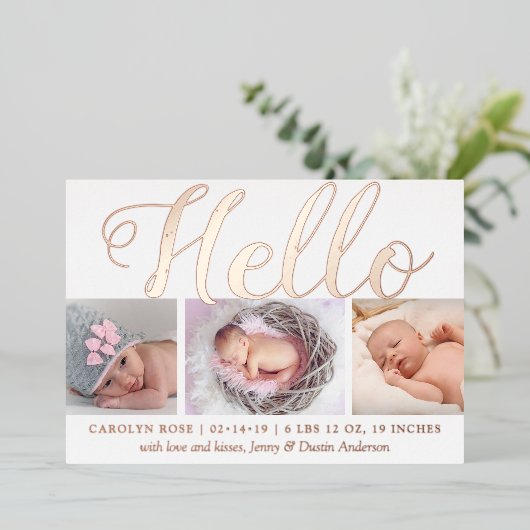 「こんにちは」ホイ実在ル3写真の誕生のお知らせ 箔招待状 (立ち正面)