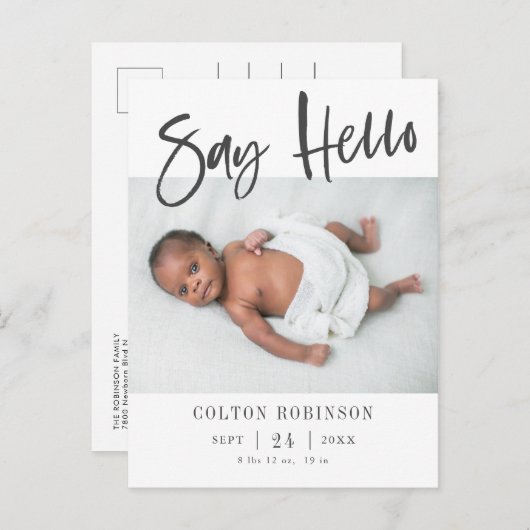 こんにちは、モダンベビーの写真誕生のお知らせ  案内ポストカード (正面/裏面)