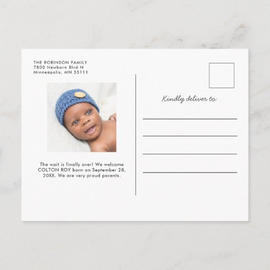 こんにちは、モダンベビーの写真誕生のお知らせ  案内ポストカード (裏面)