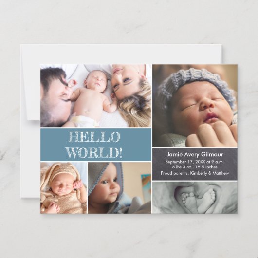 こんにちは 世界 オーダーメイド フォト コラージュ 赤ちゃん 誕生記念 マグネット招待状 (正面)