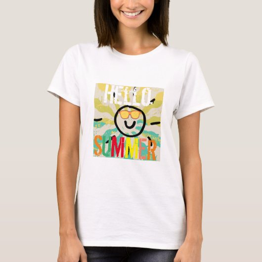 こんにちは 夏の かわいい カラフル おしゃれ スタイリッシュ 女性 Tシャツ (正面)