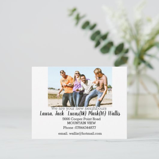 こんにちは、家族の写真で近所の人に会う ポストカード (スタンド正面)