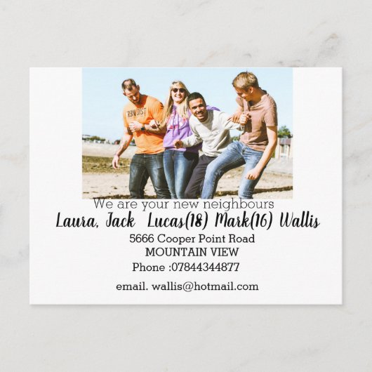 こんにちは、家族の写真で近所の人に会う ポストカード (正面)