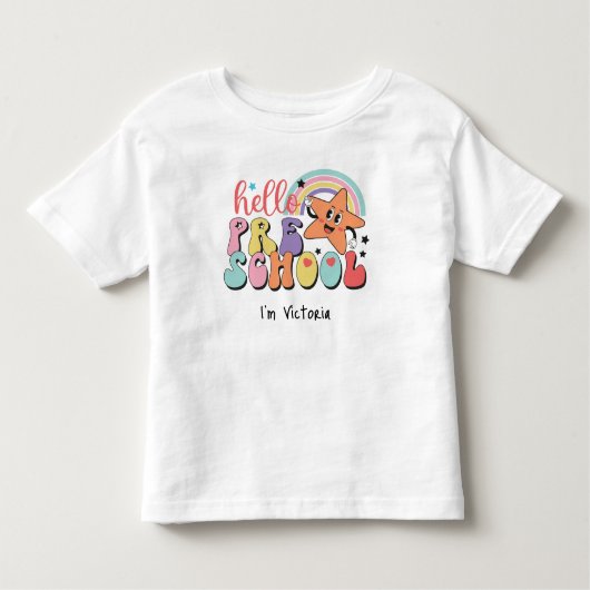 こんにちは、幼稚園カラフルバックトゥスクールホワイト トドラーTシャツ (正面)