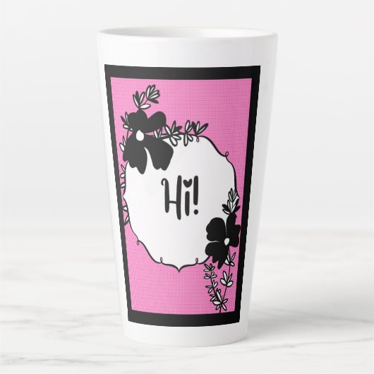 こんにちは! - 明るい花柄の挨拶カード カフェラテマグ (正面)