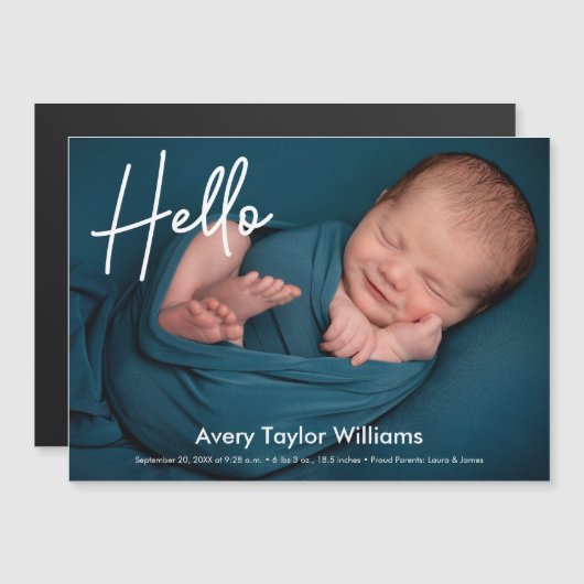 こんにちは、生まれたばかりのベビーの写真出産のお知らせ (正面/裏面)