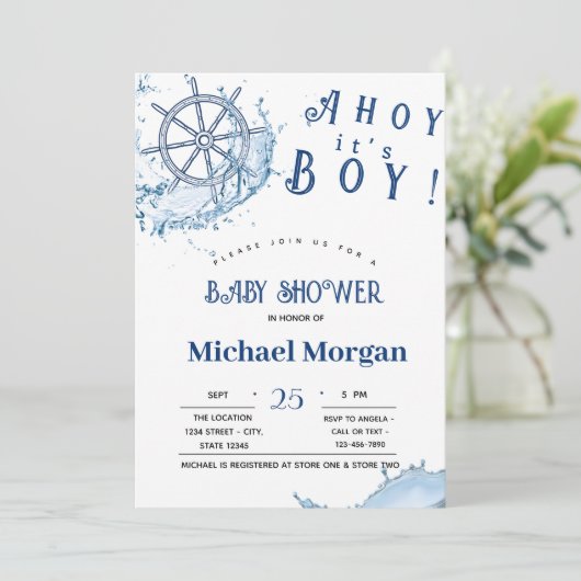 こんにちは 男の子が生まれたよ！海の輪のベビーシャワー 招待状 (スタンド正面)