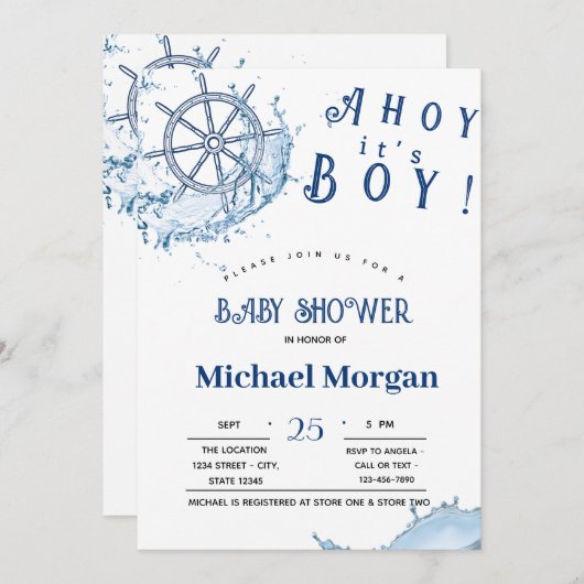 こんにちは 男の子が生まれたよ！海の輪のベビーシャワー 招待状 (正面/裏面)