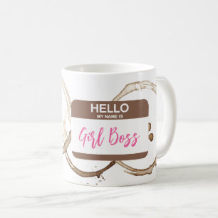 こんにちは 私の名前は GIRL BOSS ネームタグ コーヒー輪染み コーヒーマグカップ
