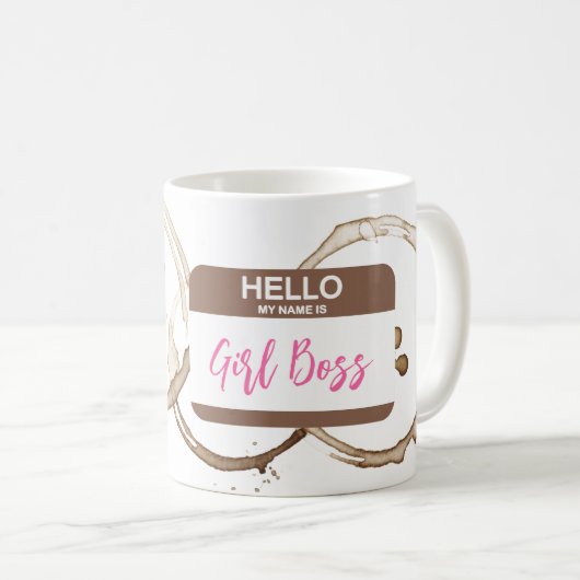 こんにちは 私の名前は GIRL BOSS ネームタグ コーヒー輪染み コーヒーマグカップ (正面右)