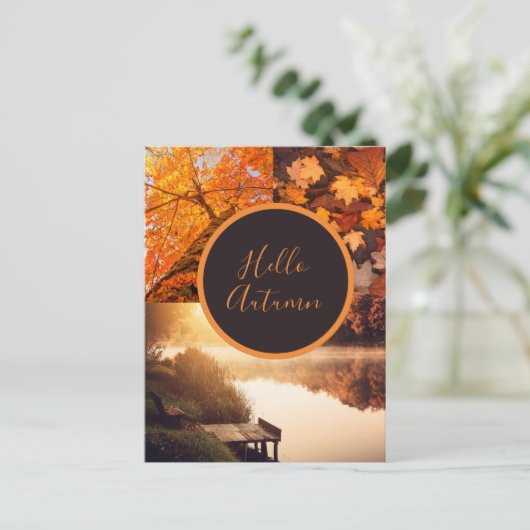 こんにちは、紅葉の木々と湖の写真、感謝祭 ポストカード (スタンド正面)