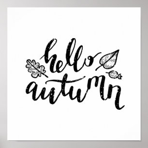 こんにちは、紅葉の白黒の書道 ポスター