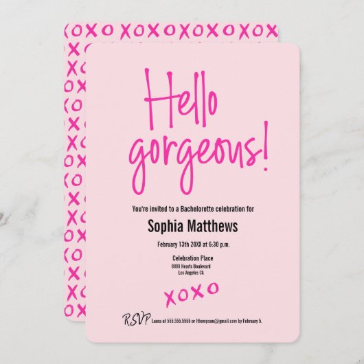 こんにちは、美しいピンクちゃん XOXO 花嫁さま 招待状 (正面/裏面)