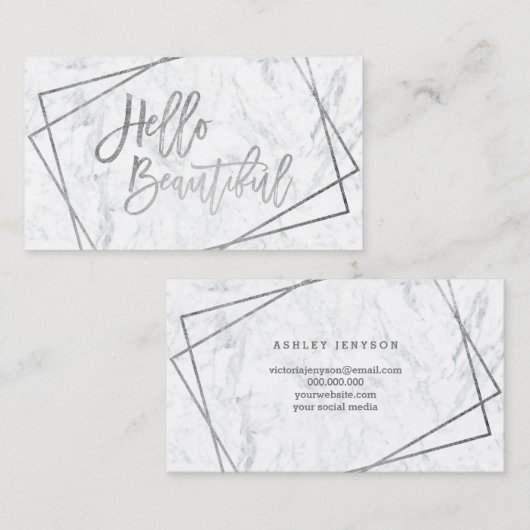 こんにちは、美しい銀色の文字の幾何学的大理石 名刺 (正面/裏面)