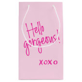 こんにちは、美人さん！ かわいいピンクの手書き文字 XOXO スモールペーパーバッグ (裏面)