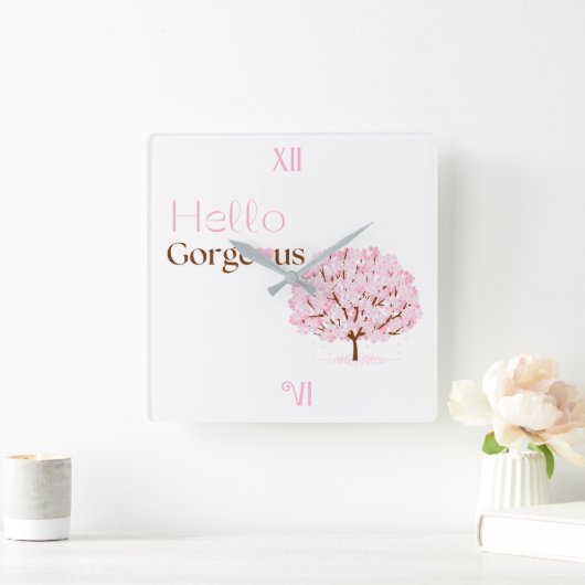 こんにちは!華やかに咲くピンクの花の木 スクエア壁時計 (ホーム)