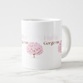 こんにちは！華やかに、可憐なピンクの花の木 ジャンボコーヒーマグカップ (正面右)