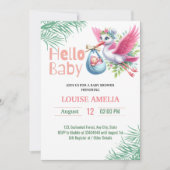 こんにちは 赤ちゃんコウテイペンギン 出産お届けガール 赤ちゃんのお祝い 招待状 (正面)