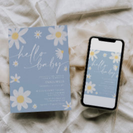 こんにちは 赤ちゃん ダスティーブルー デイジー ベイビーシャワーパーティー 招待状
