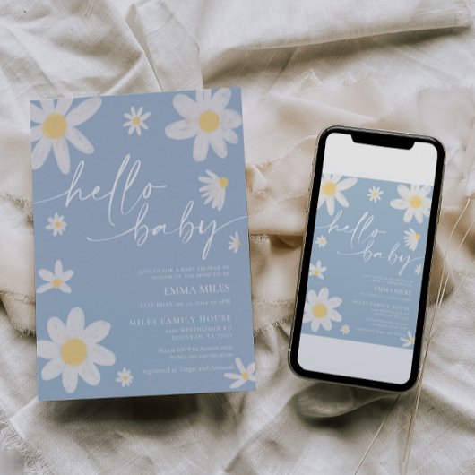 こんにちは 赤ちゃん ダスティーブルー デイジー ベイビーシャワーパーティー 招待状