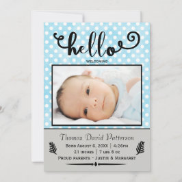 こんにちは、青い点/灰色の写真-誕生のお知らせ 案内状