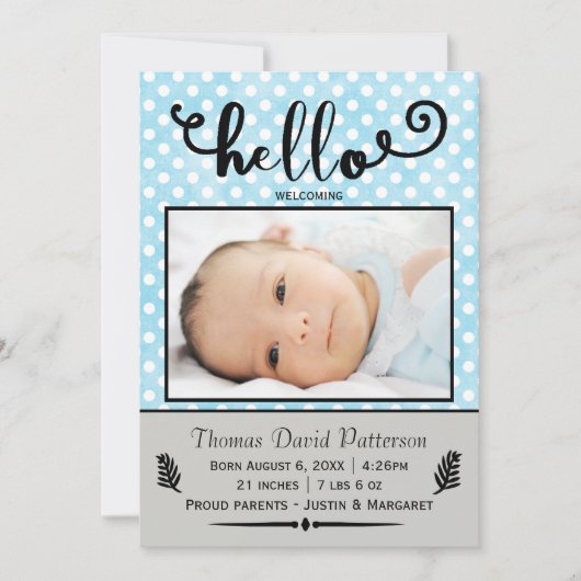 こんにちは、青い点/灰色の写真-誕生のお知らせ 案内状 (正面)