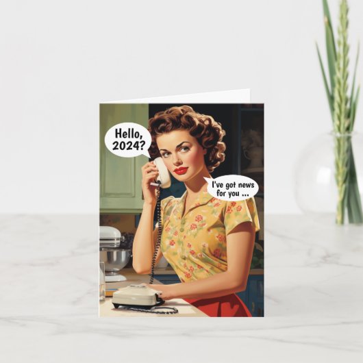 こんにちは、2024: ニュースがあるよ レトロ ニューイヤー カード (正面)