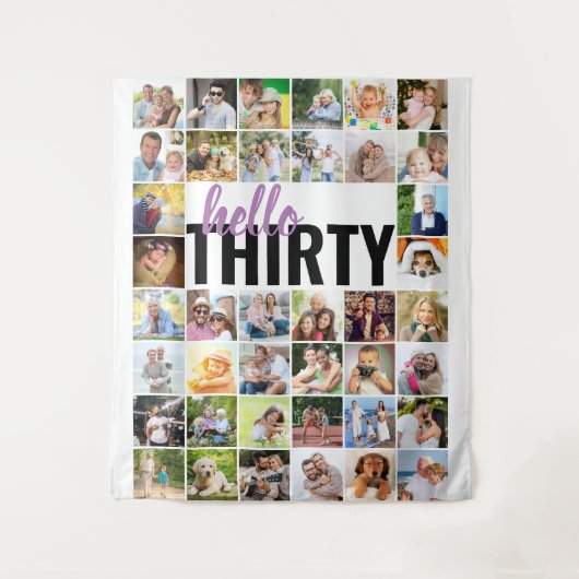 こんにちは 30歳の誕生日 40枚の写真の コラージュ タペストリー (正面)