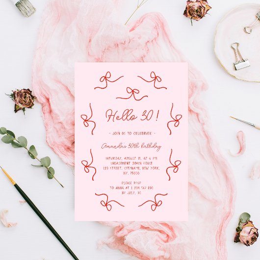 こんにちは 30 手描きのふんだんなリボン 誕生日パーティー 招待状