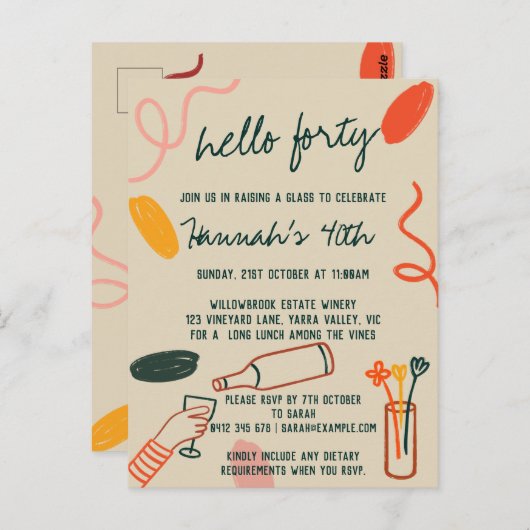 こんにちは、40 フォーティー ワイナリー ランチ 誕生日 ポストカード (正面/裏面)