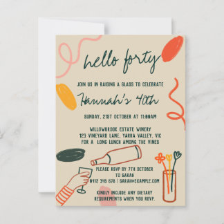 こんにちは、40 フォーティー ワイナリー ランチ 誕生日 ポストカード