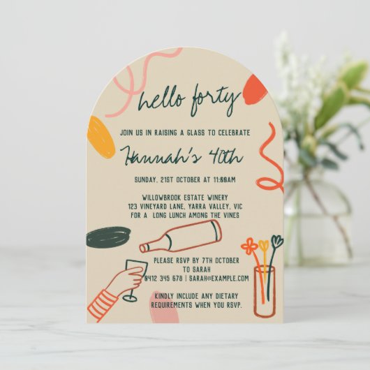 こんにちは、40 フォーティー ワイナリー ランチ 誕生日 招待状 (スタンド正面)