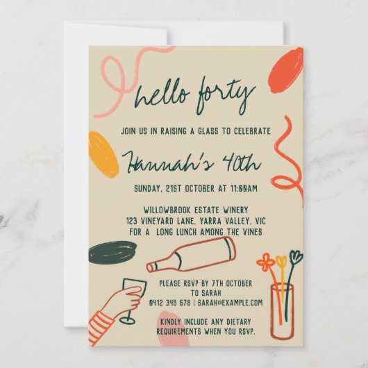 こんにちは 40 フォーティ ワイナリー ランチ 誕生日 招待状 (正面)