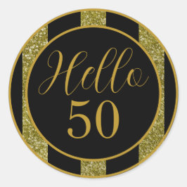 こんにちは 50歳の誕生日 ブラック ゴールド グリッター ストライプス ラウンドシール