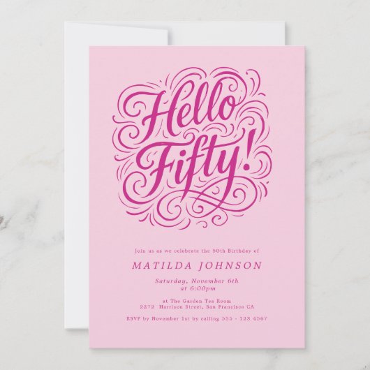こんにちは、50歳！エレガントなピンクの50歳の誕生日パーティー 招待状 (正面)