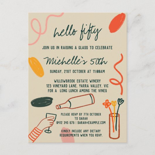 こんにちは 50 フィフティ 50 ワイナリー ランチ 誕生日 ポストカード (正面)