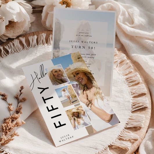 こんにちは FIFTY 現代フォトコラージュ 50歳の誕生日 招待状