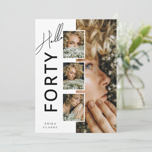 こんにちは FORTY' 現代の写真コラージュ 40歳の誕生日 招待状 (スタンド正面)