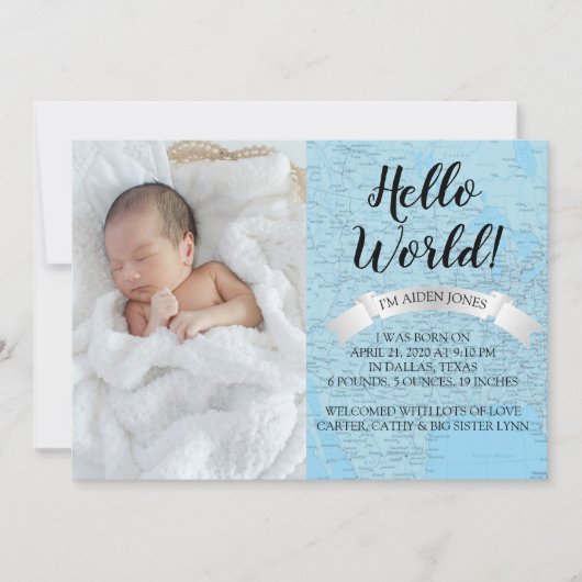 こんにちは、World Baby Blue World map誕生の発表 招待状 (正面)