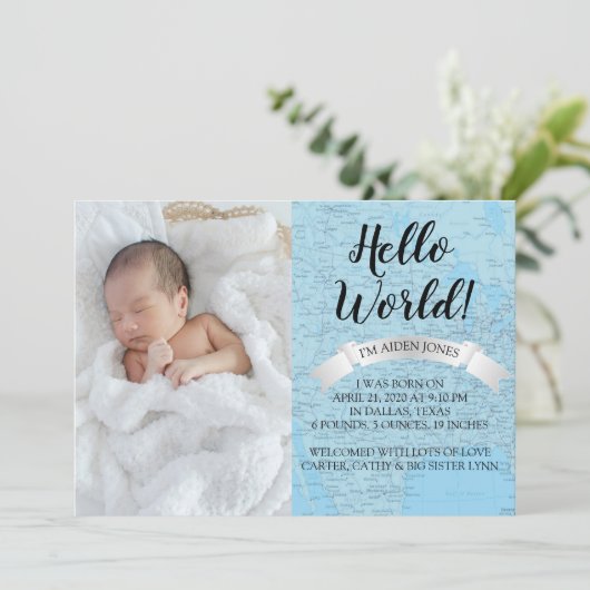 こんにちは、World Baby Blue World map誕生の発表 招待状 (スタンド正面)