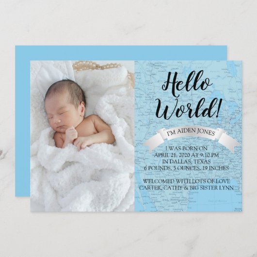 こんにちは、World Baby Blue World map誕生の発表 招待状 (正面/裏面)