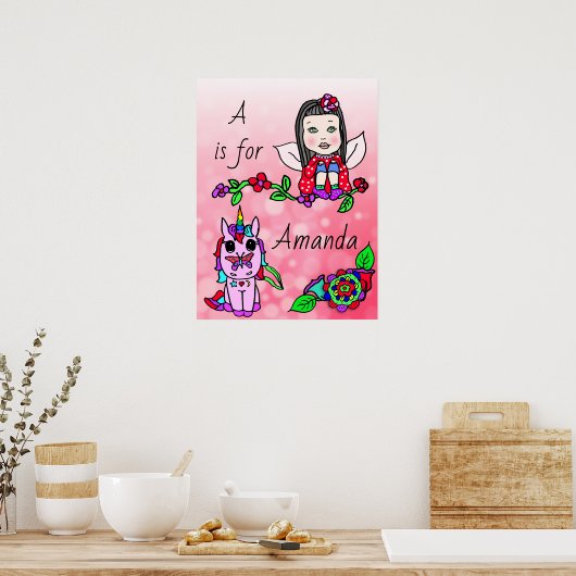 こパーソナライズされたの赤かわいらしの妖精と一角獣 ポスター (キッチン)