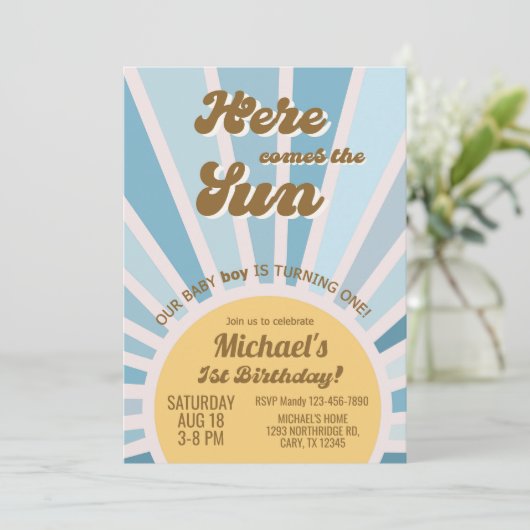 こ来こに太陽の男の子1歳の誕生日の招待。 招待状 (スタンド正面)