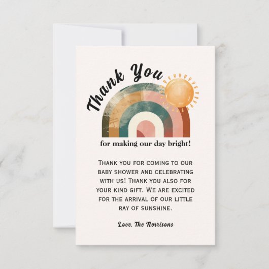 こ来こに太陽はっきりした虹の赤ちゃんシャワー サンキューカード (正面)