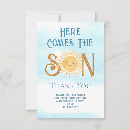 こ来この息子の男の子のシャワーありがとう サンキューカード (正面)