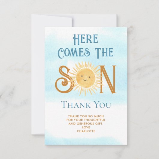 こ来この息子の赤ちゃんシャワー サンキューカード (正面)